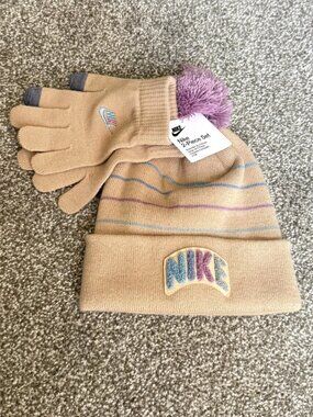 Nike Kids 2-Piece Winter Set Beige Striped Beanie Pom Touchscreen Gloves NWT